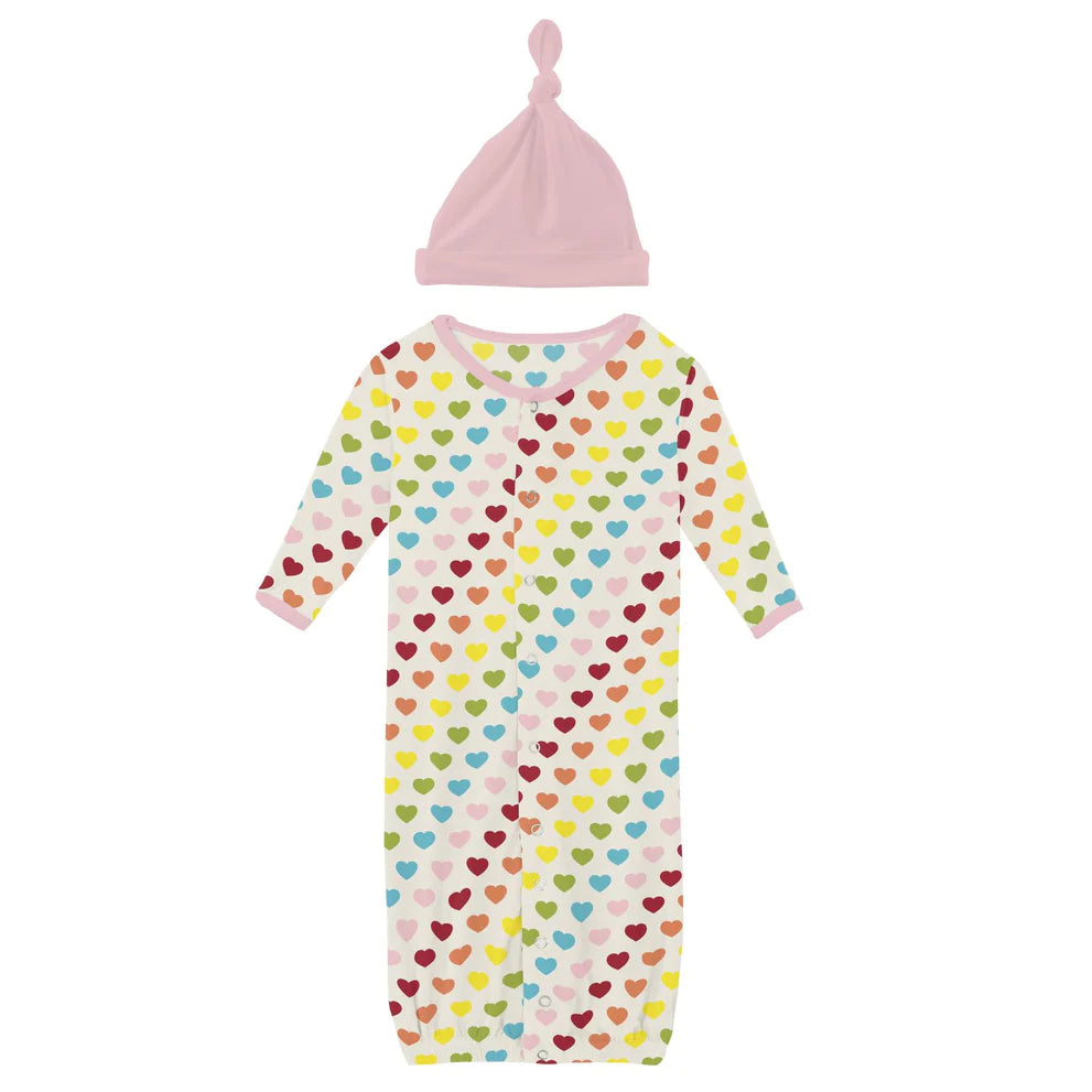 Print Layette Gown Converter & Single Knot Hat Set in Rainbow Hearts