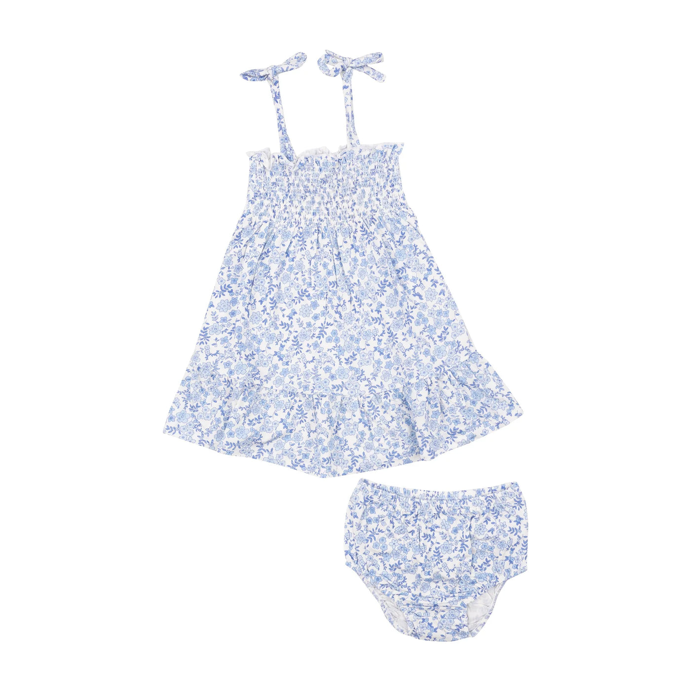 Angel Dear Blue Calico Floral TIE STRAP SMOCKED SUN DRESSS DIAPER COVER