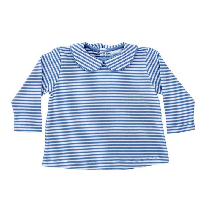 Button Back Knit Shirt- Medium Blue Stripe
