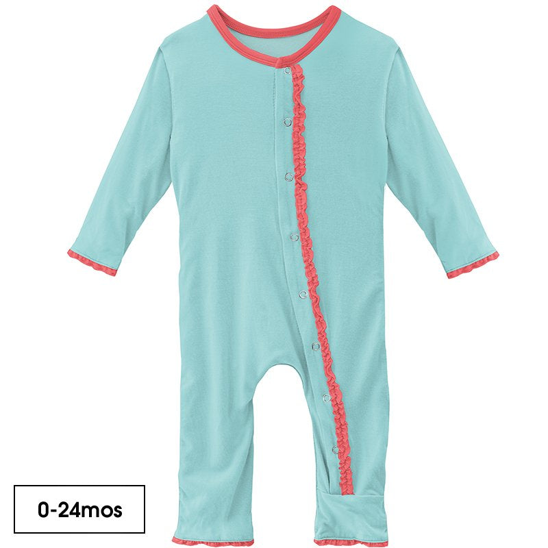 Solid Ruffle Coverall with Snaps in Summer Sky with English Rose