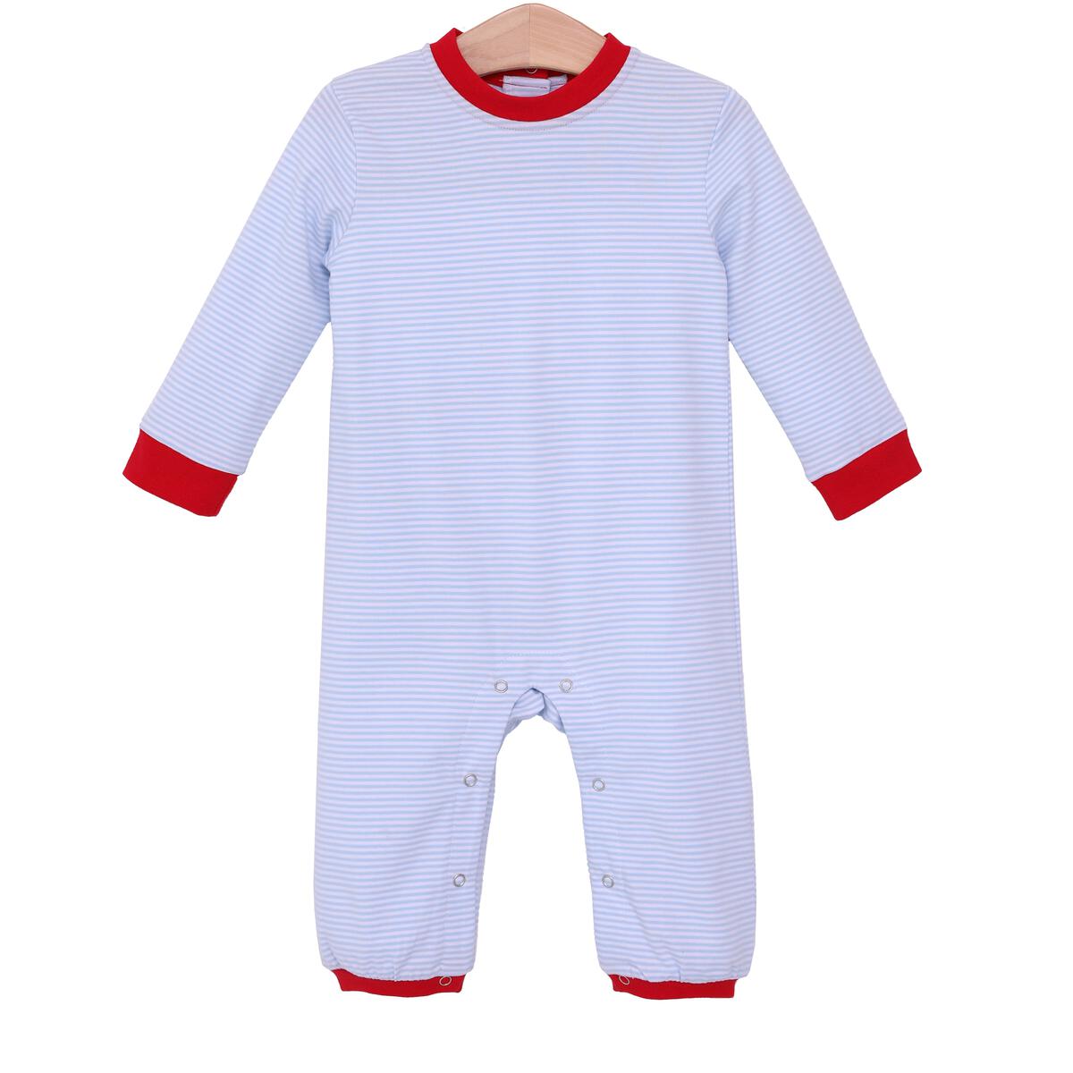 Trotter Street Kids Miller Long Sleeve Romper Light Blue Stripe/Red