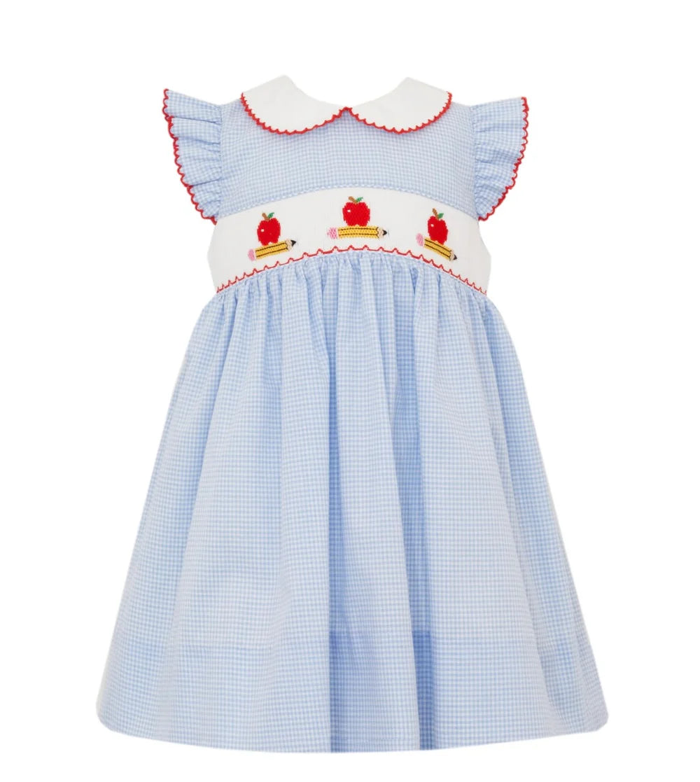 Girls Blue Gingham Smocked Apples & Pencils Dress - Collar