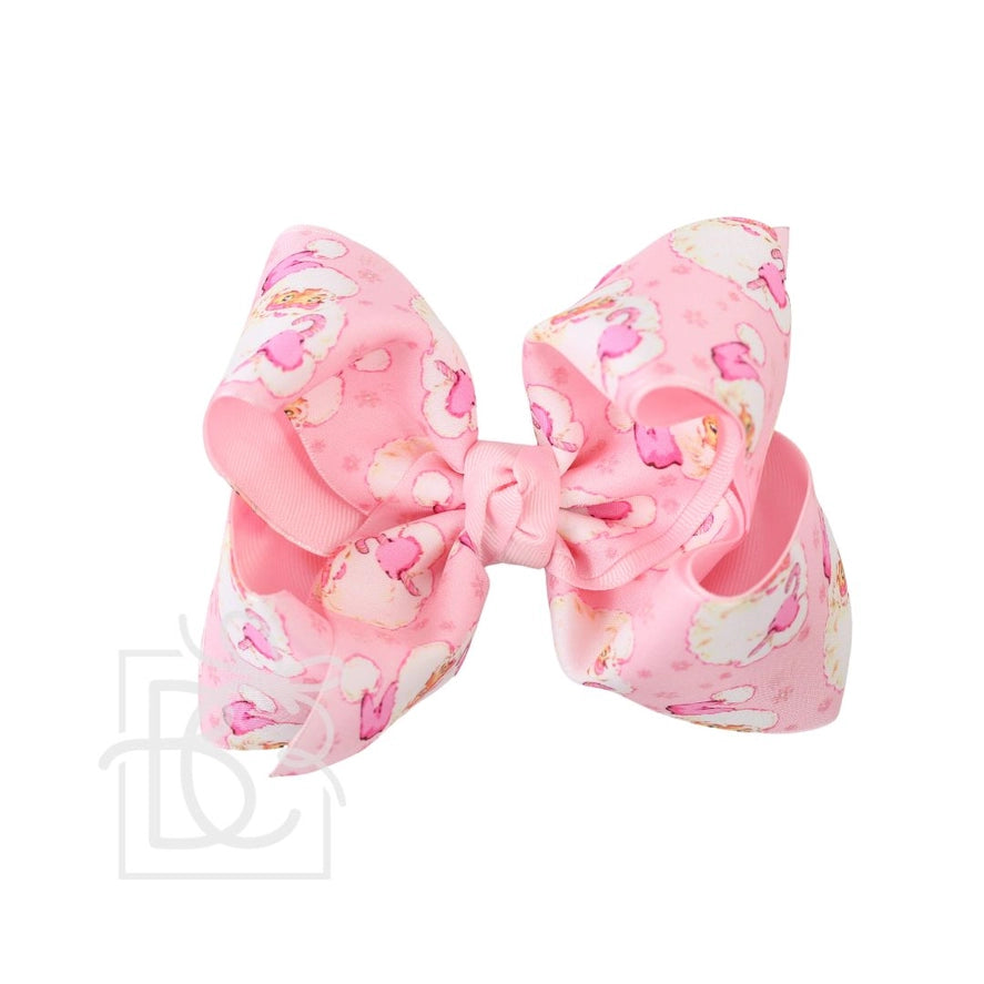 5.5" HUGE - Layered Light Pink Santa Print Hair Bow On Alligator Clip