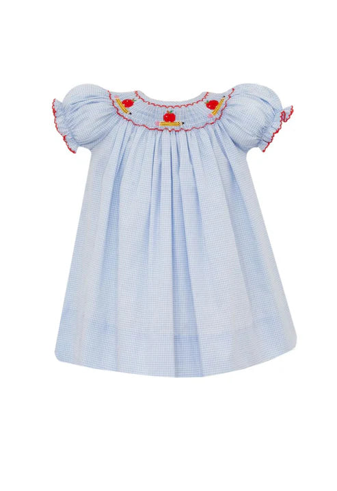 Toddler Girls Blue Gingham Smocked Apples & Pencils Bishop Dress