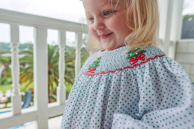 Girls Green Bitty Dot Smocked Christmas Trees Bubble