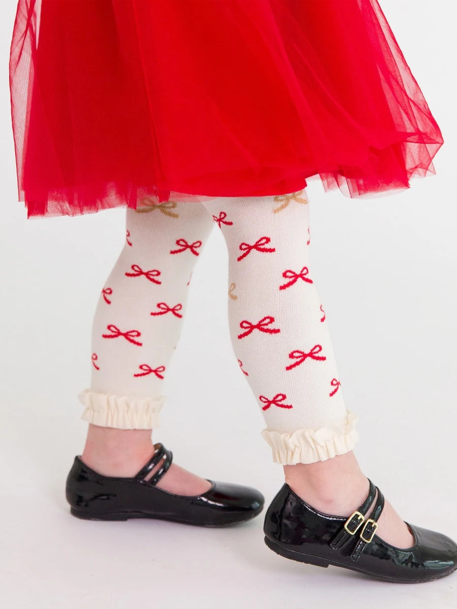 Red Sparkle Bow Patterned Footless Ruffle Tights