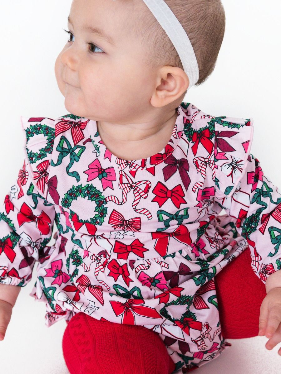 Holly Bows Knit Long Sleeve Flutter Bubble Romper