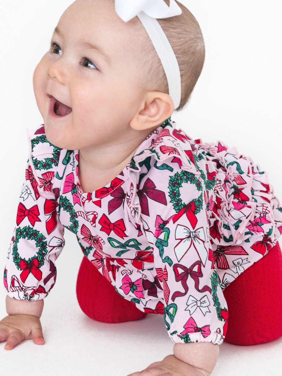 Holly Bows Knit Long Sleeve Flutter Bubble Romper