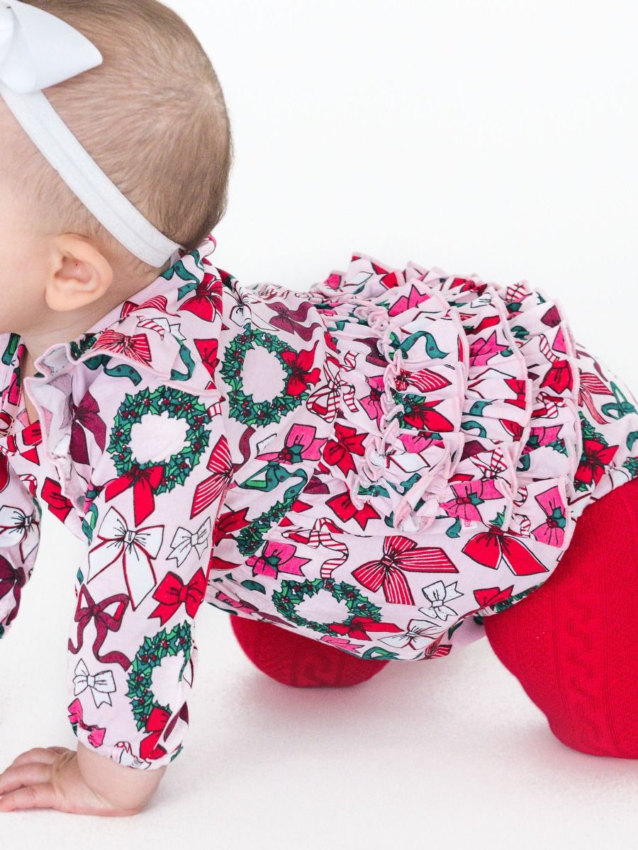 Holly Bows Knit Long Sleeve Flutter Bubble Romper