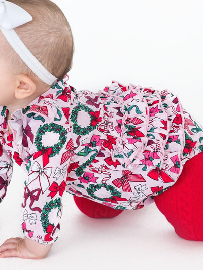 Holly Bows Knit Long Sleeve Flutter Bubble Romper