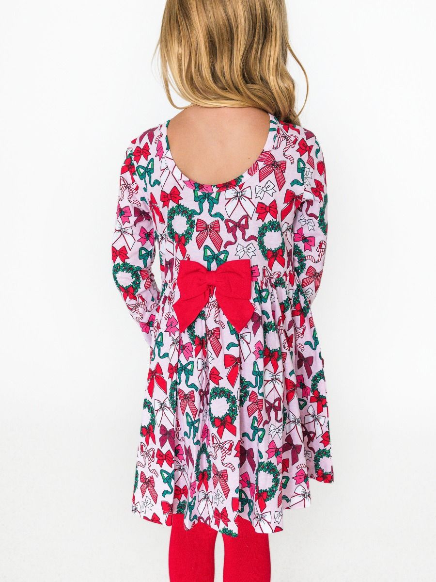 Holly Bows Knit Long Sleeve Twirl Dress
