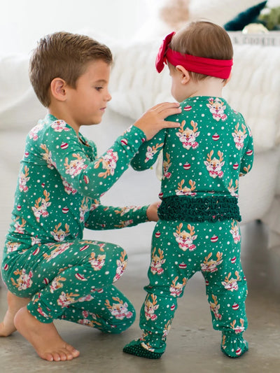 Reindeer Cheer Ruffle One Piece Footie Pajamas