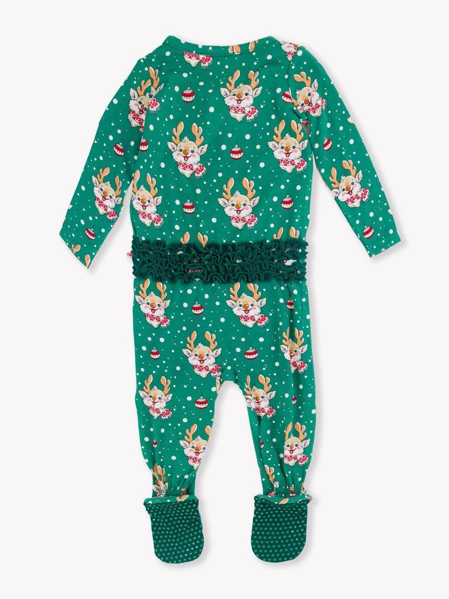 Reindeer Cheer Ruffle One Piece Footie Pajamas