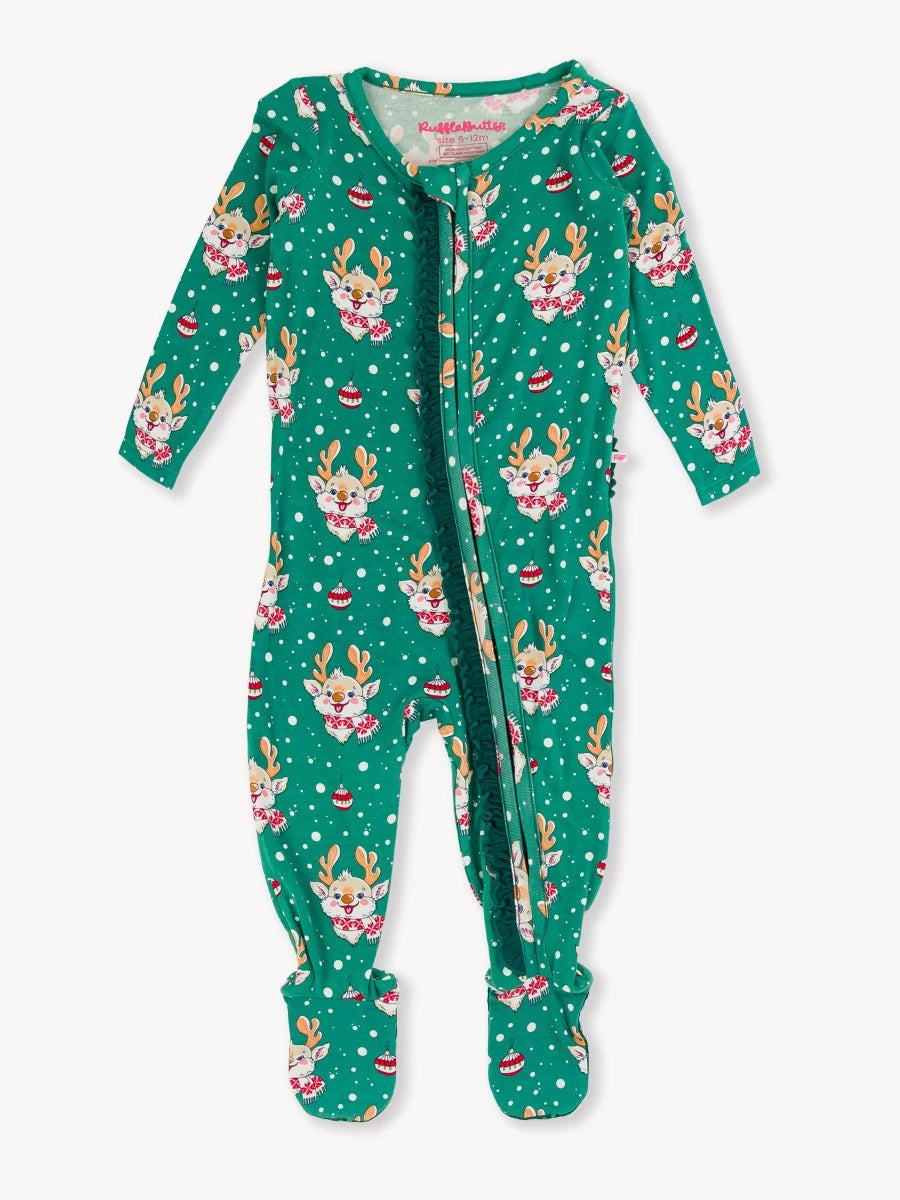 Reindeer Cheer Ruffle One Piece Footie Pajamas