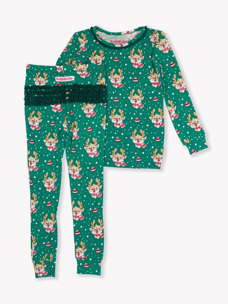 Reindeer Cheer Toddler Ruffle Long Sleeve Pajama Set