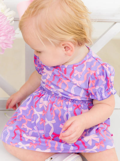 Rosy Ribbons Knit Puff Sleeve Skirted Romper