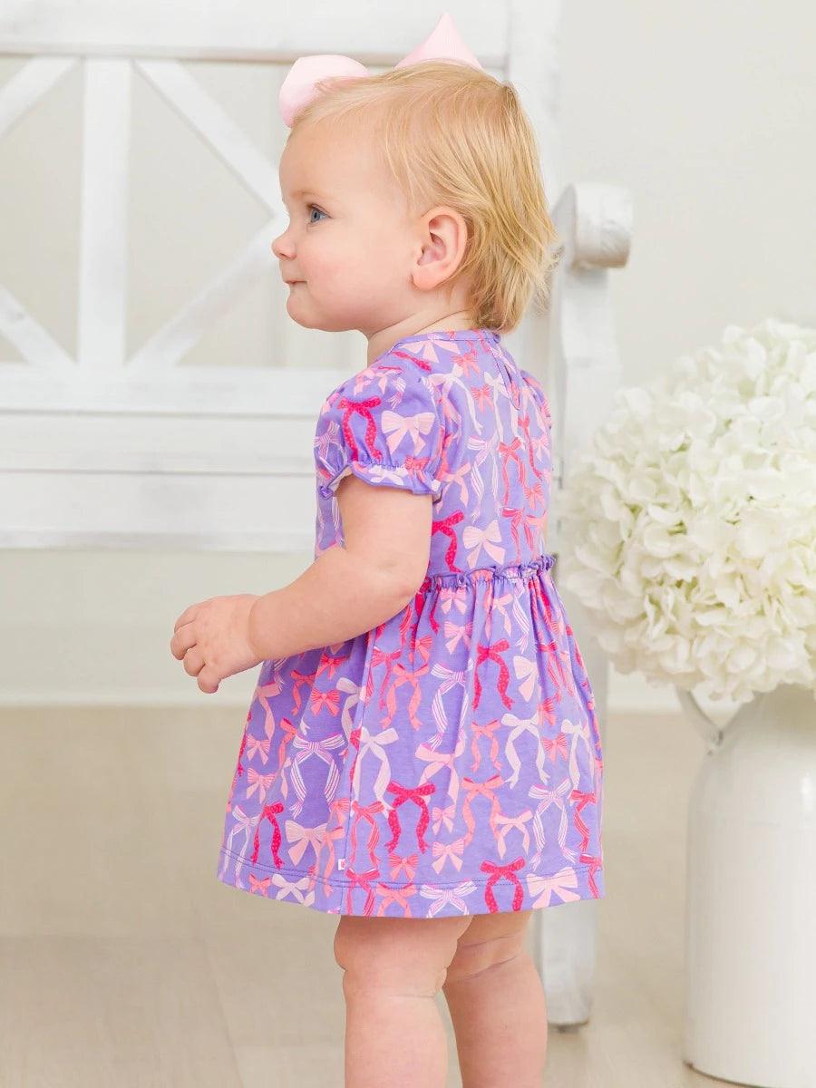 Rosy Ribbons Knit Puff Sleeve Skirted Romper