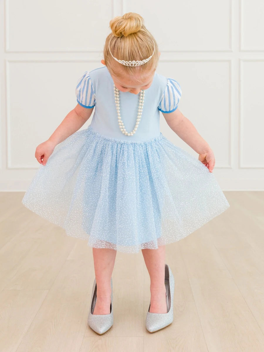 Crystal Blue Princess Short Sleeve Princess Bow Twirl Dress