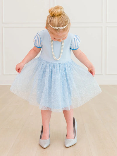 Crystal Blue Princess Short Sleeve Princess Bow Twirl Dress
