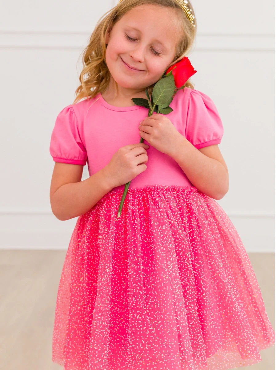 Royal Pink Short Sleeve Princess Bow Twirl Dress