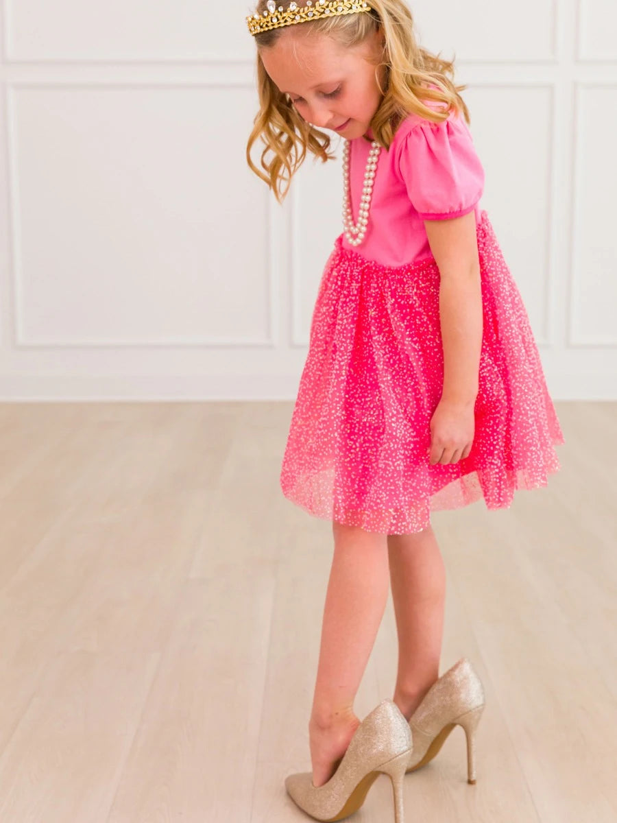 Royal Pink Short Sleeve Princess Bow Twirl Dress