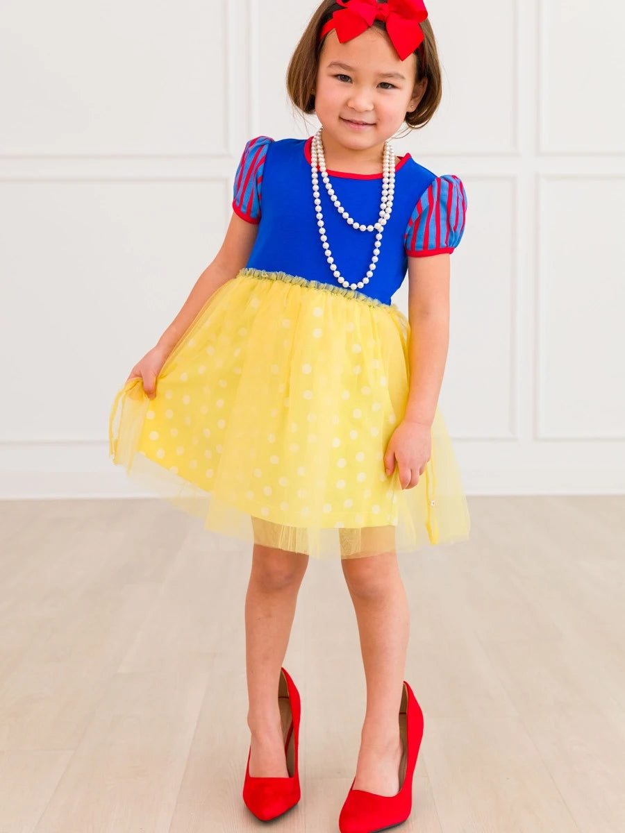 Royal Blue & Yellow Princess Short Sleeve Princess Bow Twirl Dress