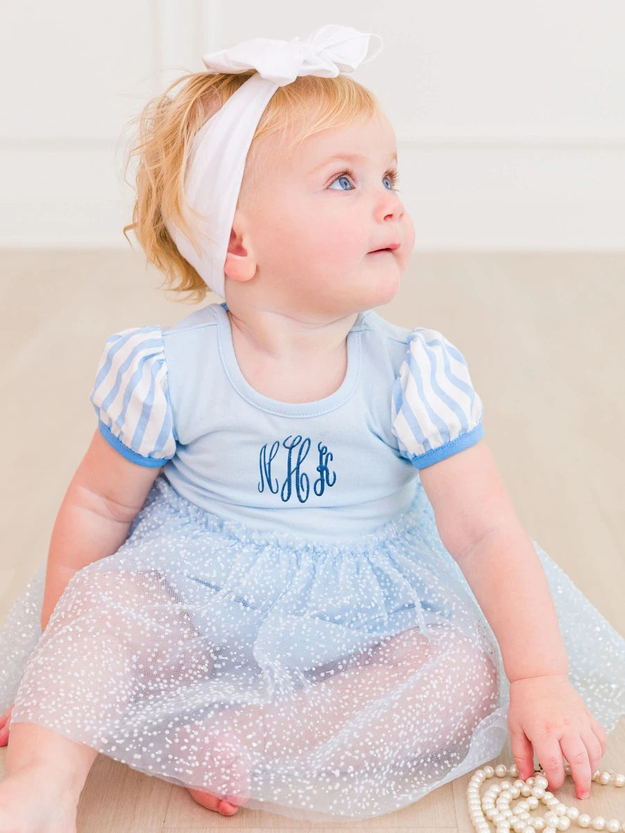 Crystal Blue Princess Short Sleeve Princess Bow Twirl Romper