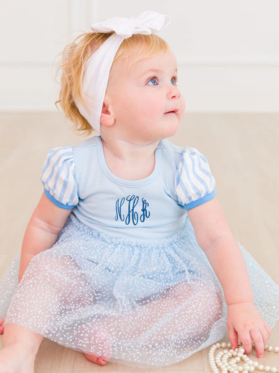 Crystal Blue Princess Short Sleeve Princess Bow Twirl Romper