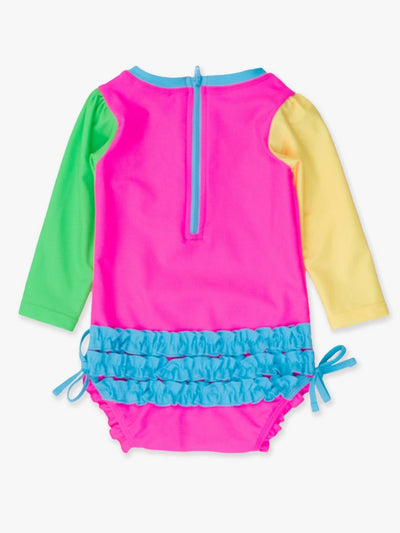 Neon Color Block Long Sleeve One Piece Rash Guard