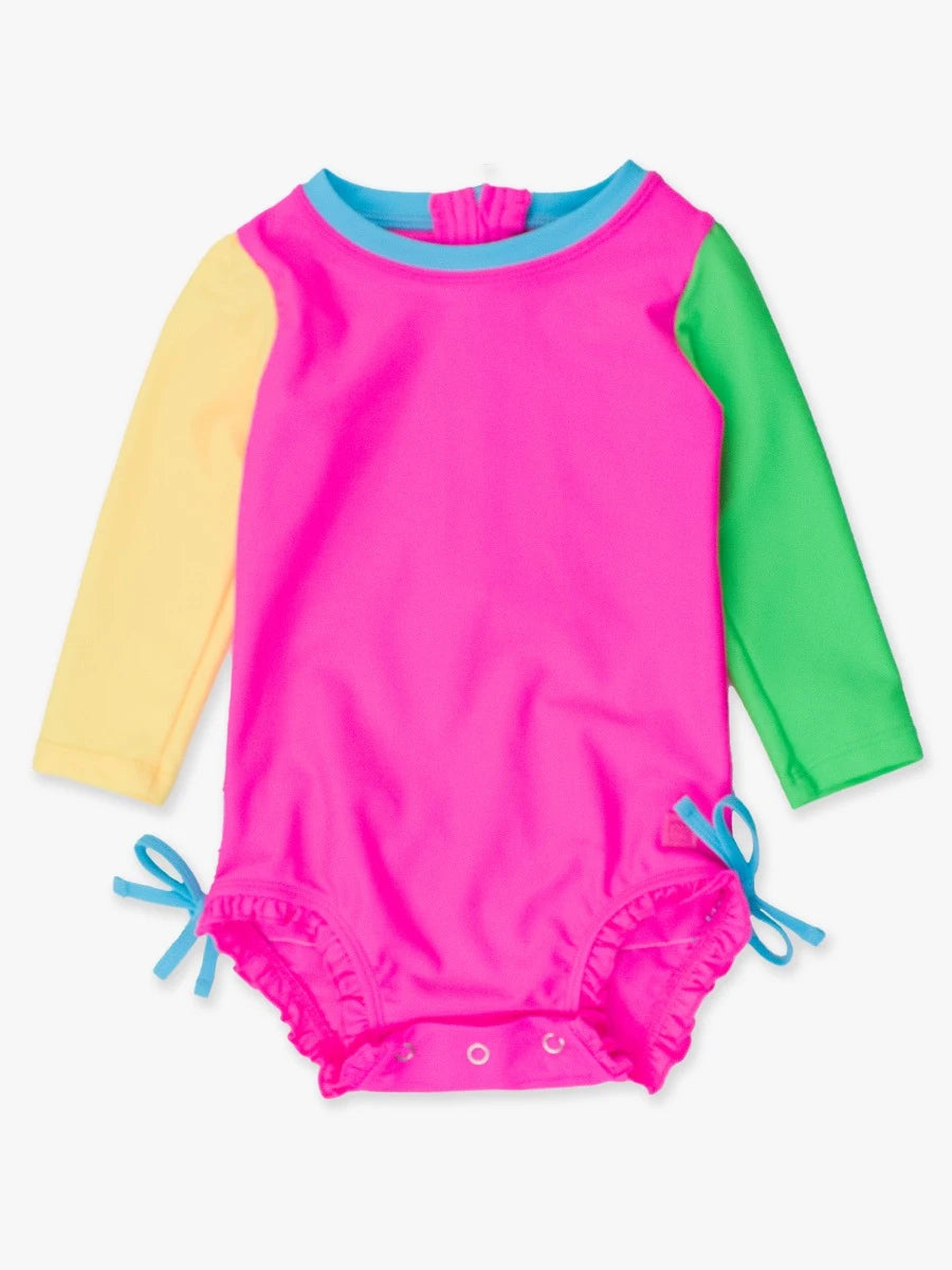 Neon Color Block Long Sleeve One Piece Rash Guard