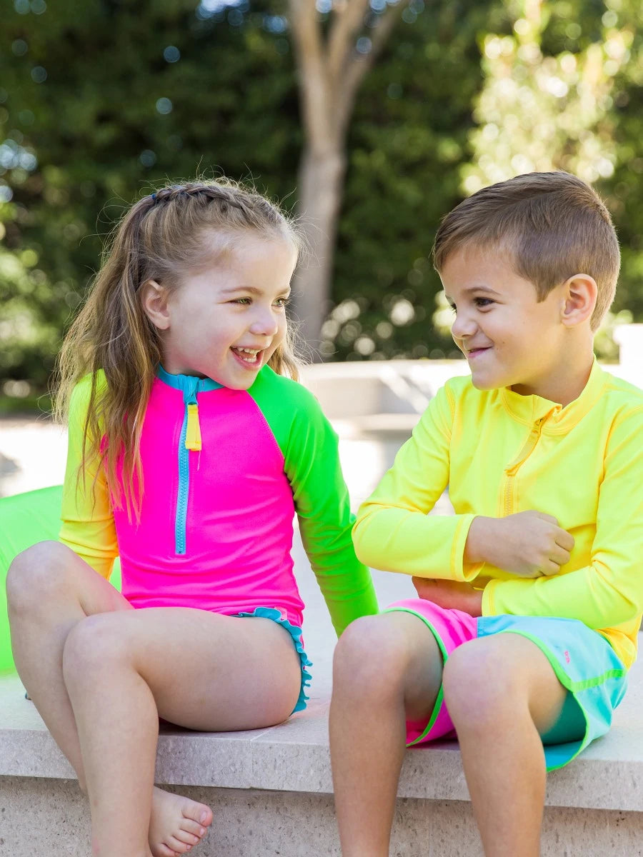 Neon Color Block Girls Long Sleeve One Piece Rash Guard