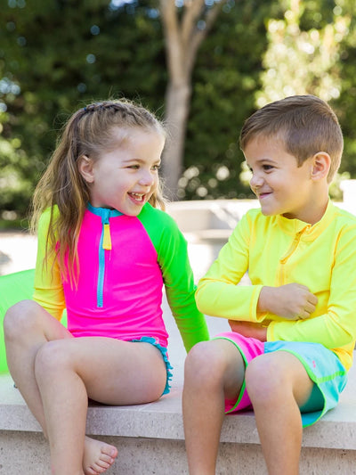 Neon Color Block Girls Long Sleeve One Piece Rash Guard