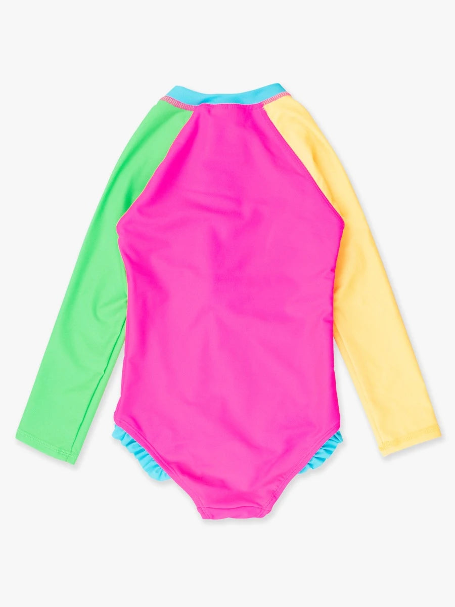Neon Color Block Girls Long Sleeve One Piece Rash Guard