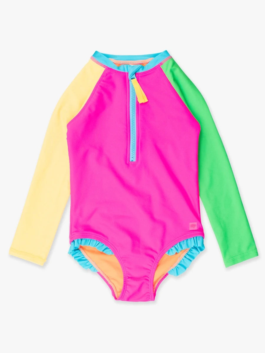 Neon Color Block Girls Long Sleeve One Piece Rash Guard