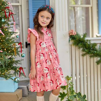 Girls Jennifer Dress Pink Candy Cane Santa