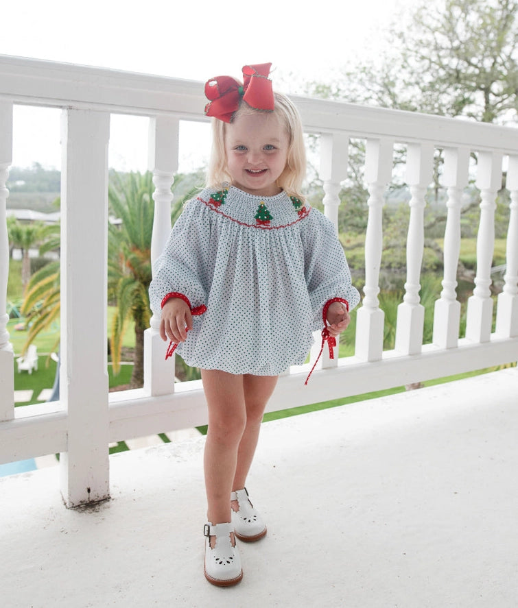Girls Green Bitty Dot Smocked Christmas Trees Bubble