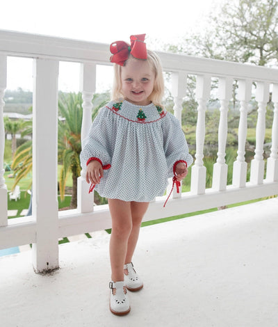 Girls Green Bitty Dot Smocked Christmas Trees Bubble