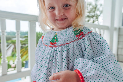 Girls Green Bitty Dot Smocked Christmas Trees Bubble