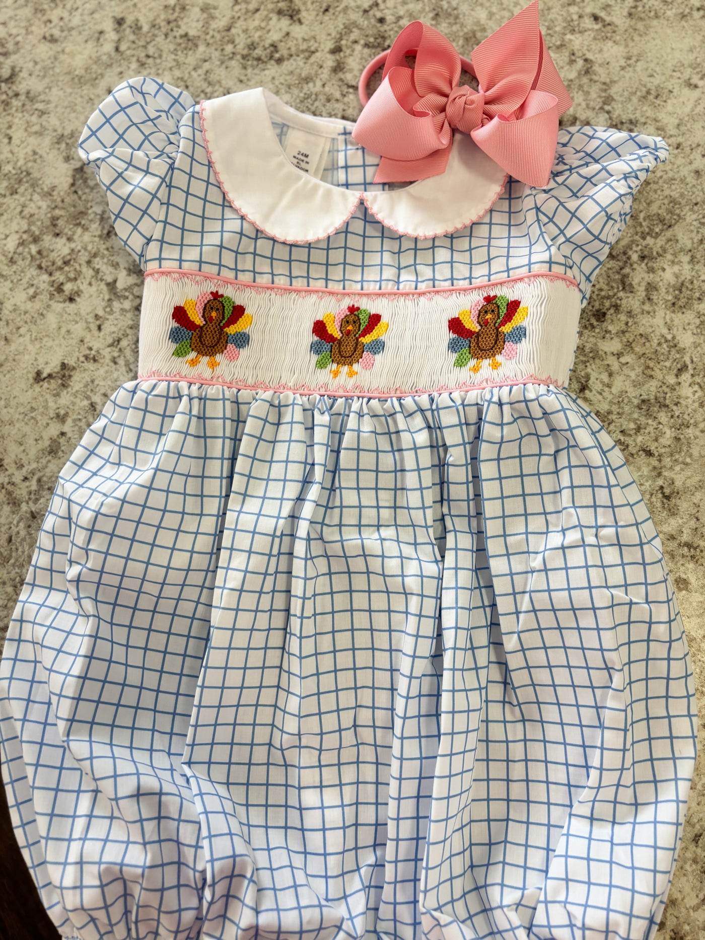 Lulu Bebe Turkey Blue Check Girl Smocked Waist Bubble
