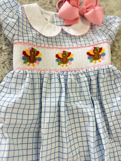 Lulu Bebe Turkey Blue Check Girl Smocked Waist Bubble