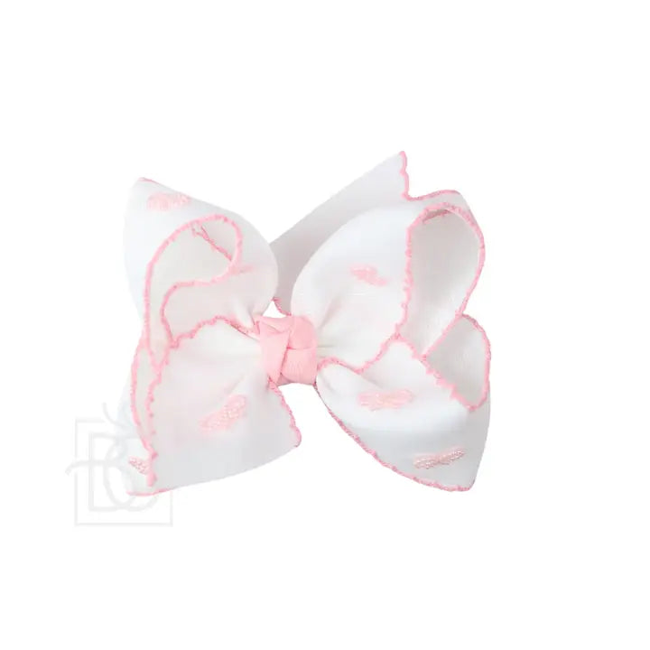 White/ Light Pink Edge w/ Light Pink Pearl Crochet Edge Bow with Pearl Embellished 5.5 Inch Bows