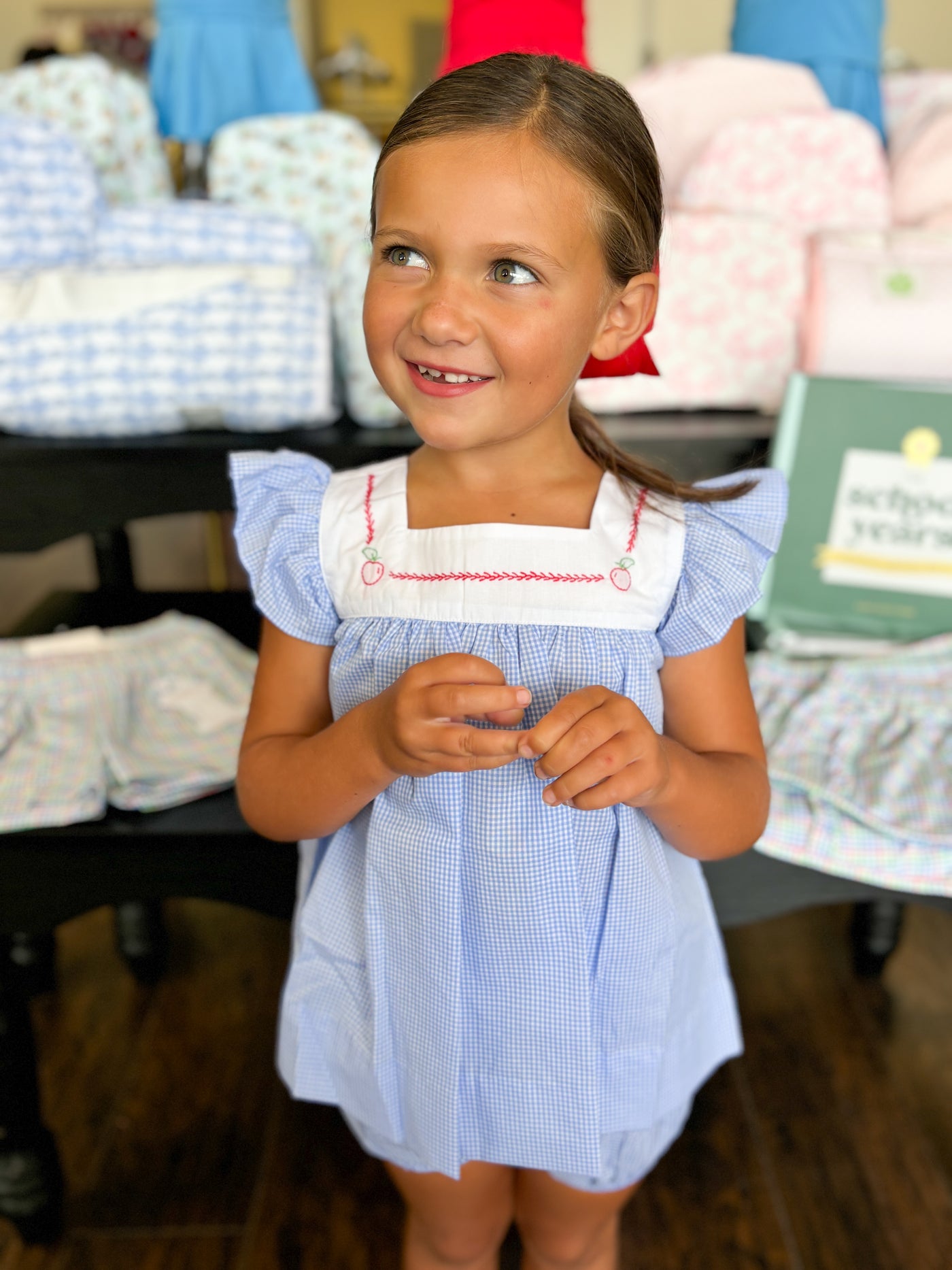 Girls Blue Gingham Bloomer Set with Apple Embroidery