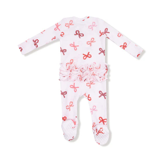 Candy Cane Bows 2 Way Zipper Ruffle Back Footie