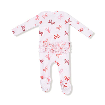 Candy Cane Bows 2 Way Zipper Ruffle Back Footie