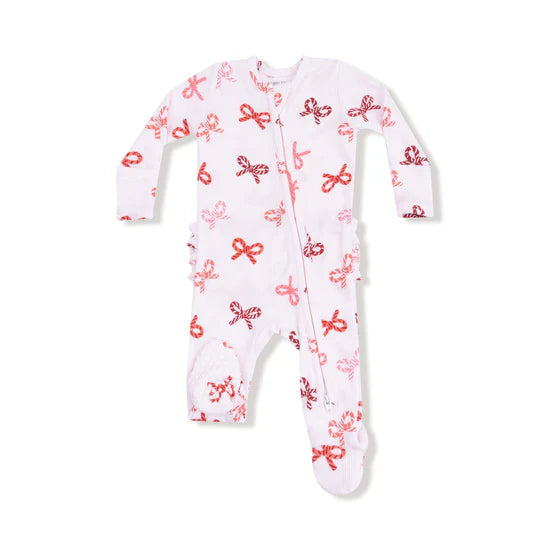 Candy Cane Bows 2 Way Zipper Ruffle Back Footie