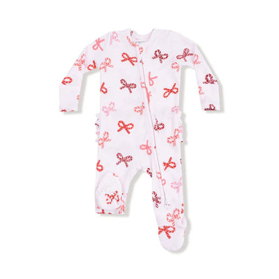 Candy Cane Bows 2 Way Zipper Ruffle Back Footie