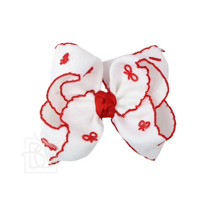 White/ Red w/ Red Pearl Crochet Edge Bow with Pearl Embellished 5.5 Inch Bows