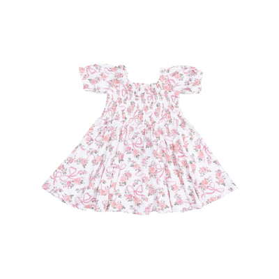 Ribbons And Flowers Puff Sleeve Smocked Dress