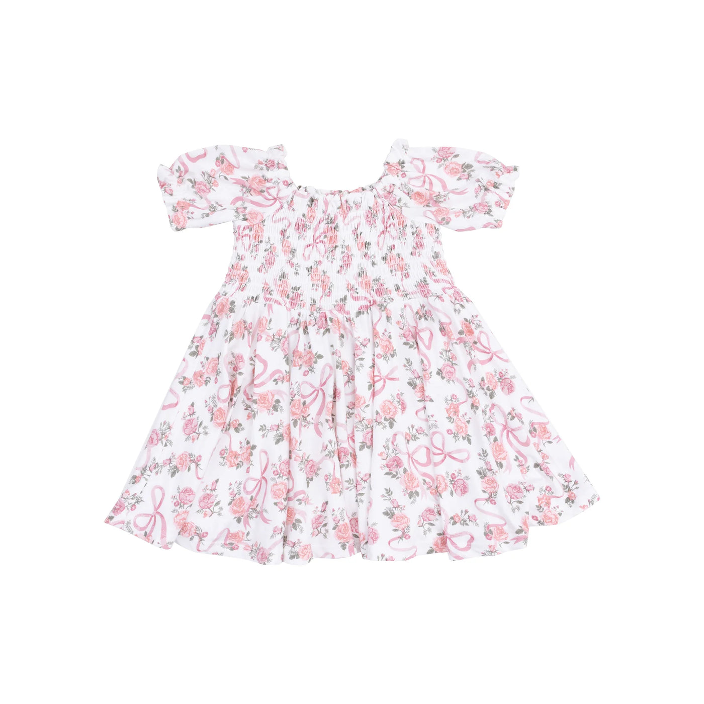 Ribbons And Flowers Puff Sleeve Smocked Dress