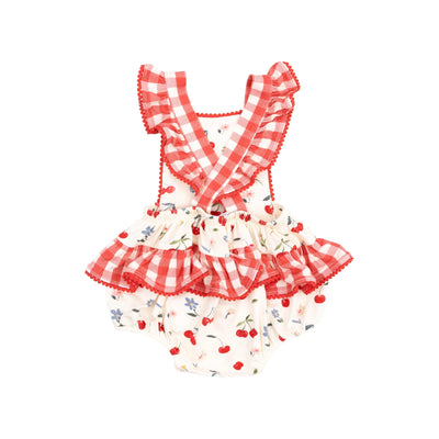 Watercolor Cherries + Gingham Ric-rac Ruffle Sunsuit